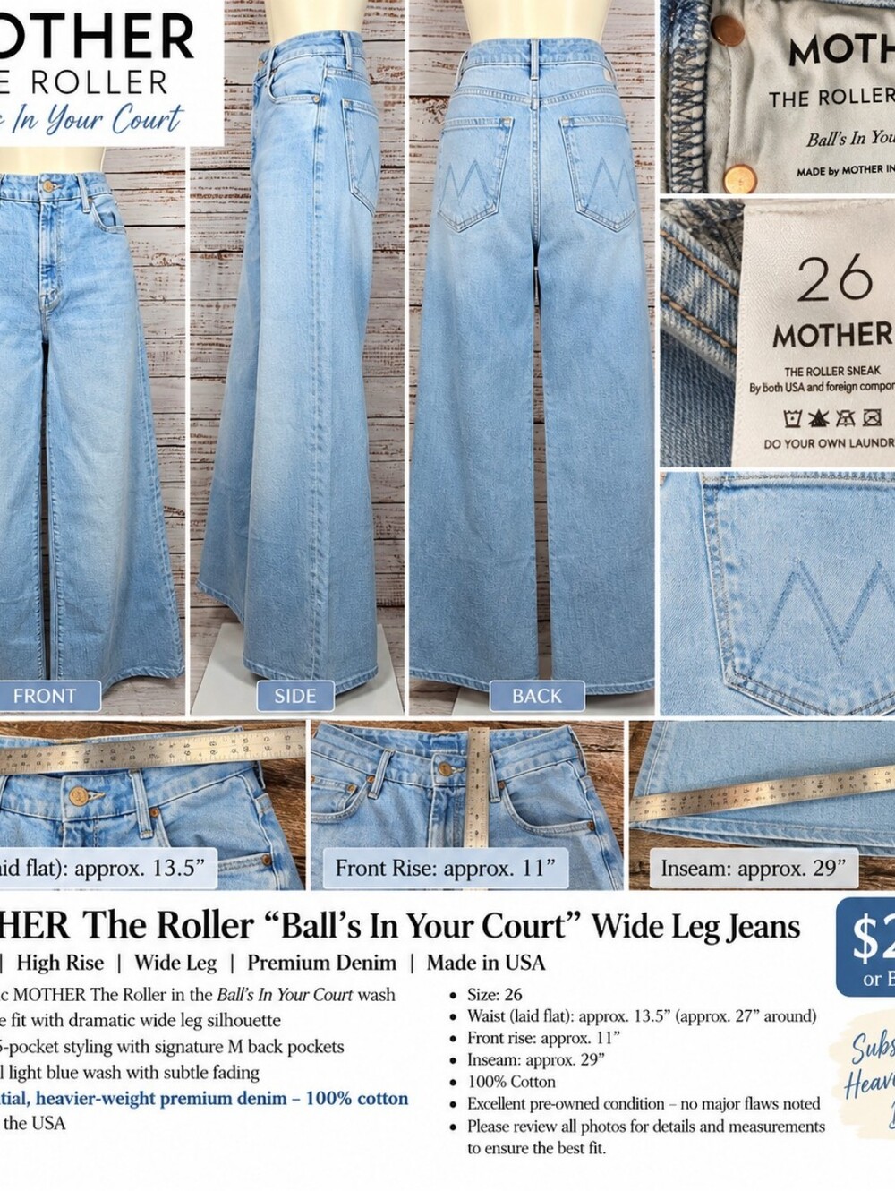 MOTHER The Roller High Rise Wide Leg Jeans 26 Ball's In Your Court
